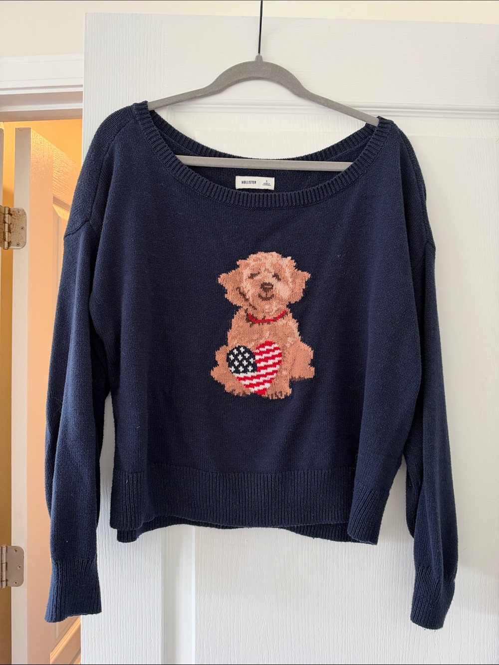Hollister Navy Off Shoulder Sweater with Puppy Holding Flag Heart